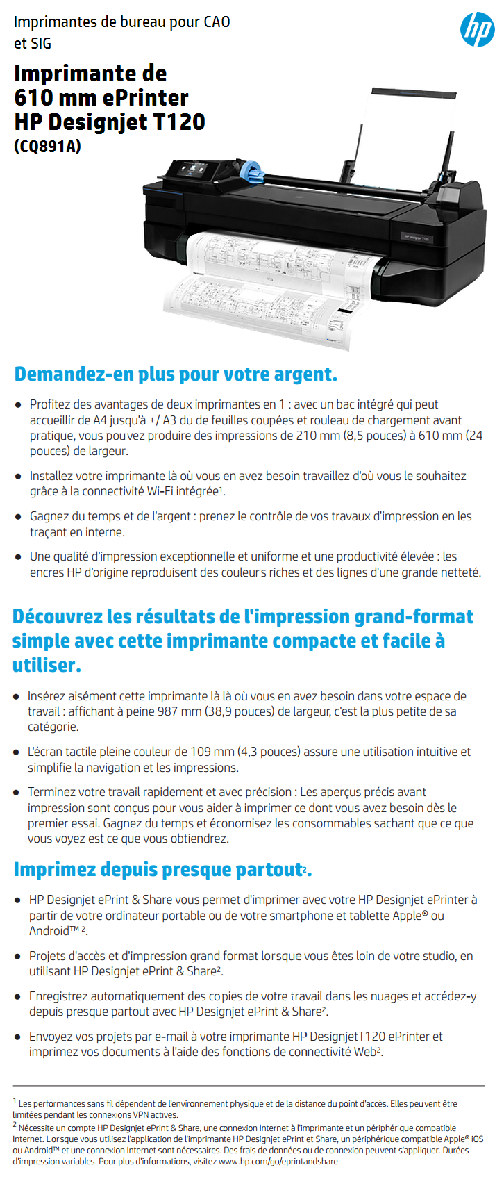 Acheter Imprimante ePrinter HPÂ Designjet T120 610Â mm (CQ891A) Maroc